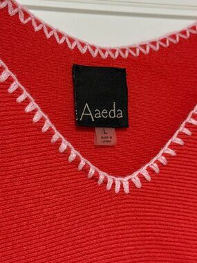 Aaeda Red Knit V-Neck Blanket-Stitch Trim Long Sleeve Sweater